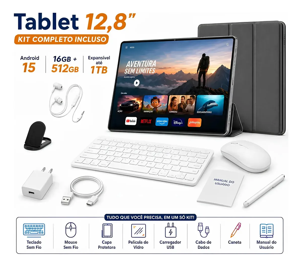 Hancdon Android 15 Tab Kit Completo 12,8eapos;eapos; HD 16GB RAM 512GB Wi-Fi 2,4/5GHz
