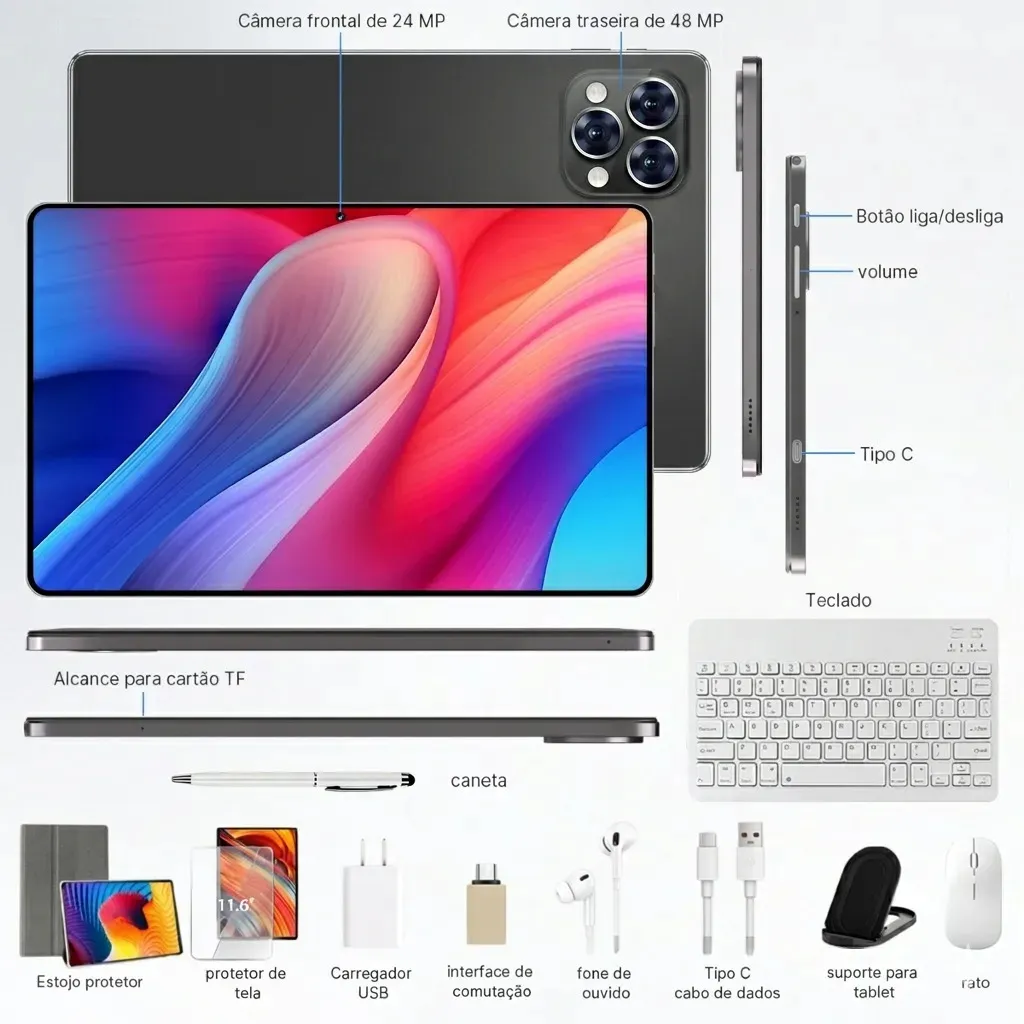 Tablet Android 12GB RAM 512GB 11.6" Tela Grande 8800mAh Wi-Fi 5G - Completo com Teclado e Mouse